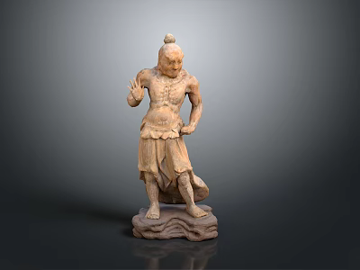 A Wooden Sculpture Of A Man In Standing Posture With Dynamic Movement On Stone Base 3d model