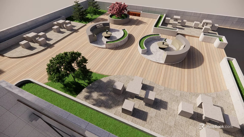 Serene Rooftop Garden With Wooden Deck Lawn Trees And Circular Seating Areas 3d model 