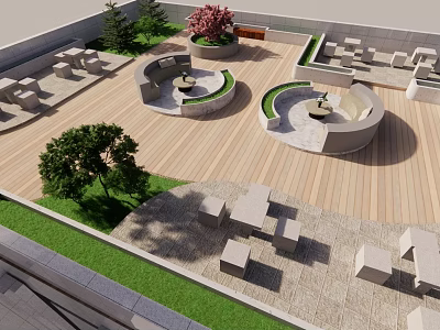 Serene Rooftop Garden With Wooden Deck Lawn Trees And Circular Seating Areas 3d model