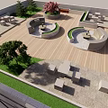 Serene Rooftop Garden With Wooden Deck Lawn Trees And Circular Seating Areas
