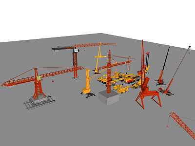 Various Types Of Industrial Equipment Including Tower Cranes And Mobile Machinery 3d model
