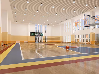 Spacious Indoor Basketball Gymnasium With Wooden Flooring Colorful Lines And Ceiling Lights 3d model