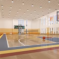 Spacious Indoor Basketball Gymnasium With Wooden Flooring Colorful Lines And Ceiling Lights