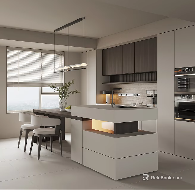 Modern Restaurant Open Kitchen Interior With Island Counter Cabinets And Appliances 3d model 