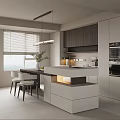 Modern Restaurant Open Kitchen Interior With Island Counter Cabinets And Appliances