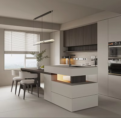 Modern Restaurant Open Kitchen Interior With Island Counter Cabinets And Appliances 3d model