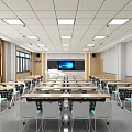 School Modern Spacious Classroom Interior With Desks Chairs Blackboard And Windows 3d model