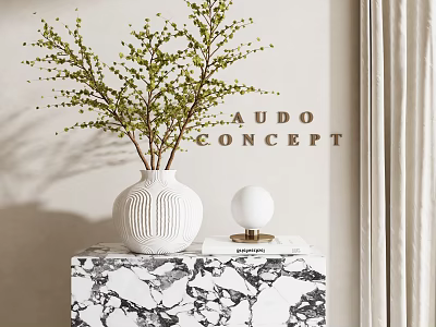 White Vase With Green Branches On Marble Countertop Beside Small White Lamp And Book 3d model