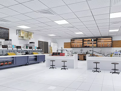 Modern White Open Laboratory Interior Design With Workstations Stools Equipment And Cabinets 3d model