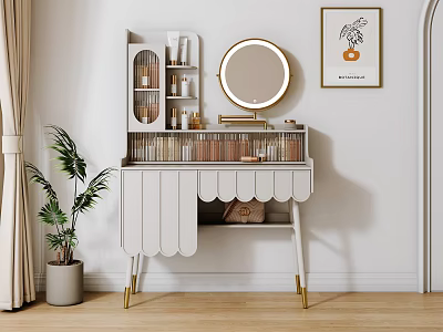 Elegant White Dressing Table With Gold Legs Round Mirror Glass Door Cabinet And Cosmetics 3d model