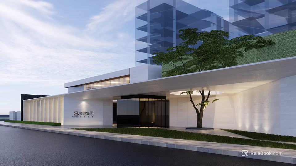 Modern Sales Office Building Exterior With Glass Facade White Walls Front Entrance And Tree 3d model 