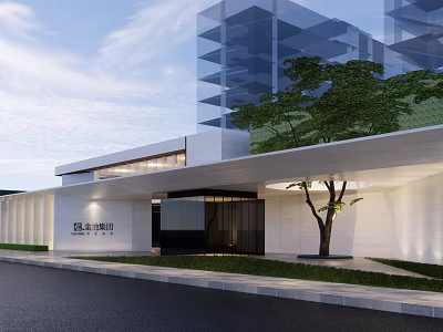 Modern Sales Office Building Exterior With Glass Facade White Walls Front Entrance And Tree 3d model