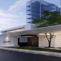 Modern Sales Office Building Exterior With Glass Facade White Walls Front Entrance And Tree