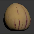 Three Exotic Fruits With Green Purple Striped And Tan Skin Displaying Unique Patterns