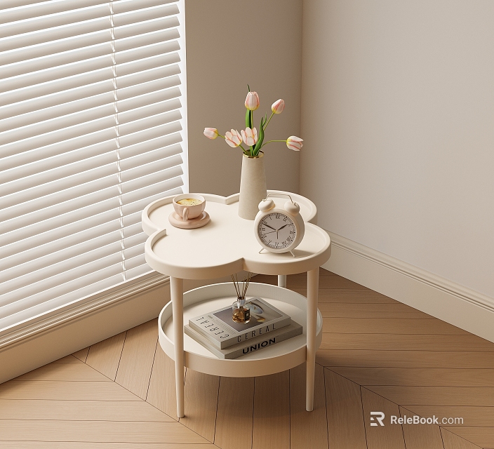 White Side Table With Tulip Vase Teacup Alarm Clock And Magazine By Window Blinds 3d model 