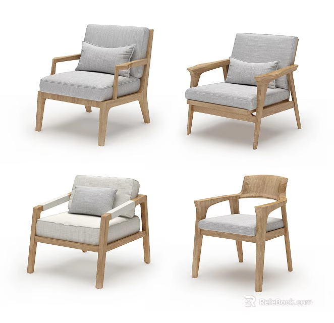 Modern Armchair With Wooden Frame Gray Cushion And Armrests For Home Interior Design 3d model 