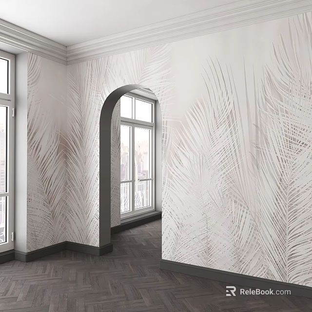 Elegant Interior Component with Palm Leaf Pattern Wallpaper Arched Doorway and Windows 3d model 