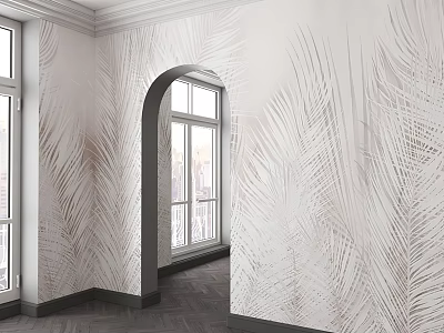 Elegant Interior Component with Palm Leaf Pattern Wallpaper Arched Doorway and Windows 3d model