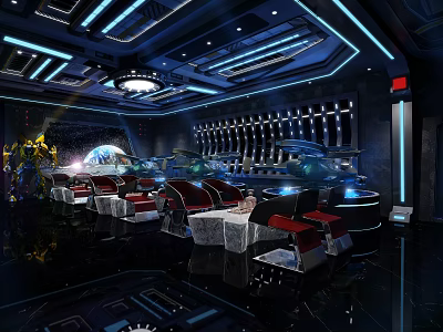 Futuristic Bar Interior With Blue Neon Lighting And High Tech Seating Design 3d model