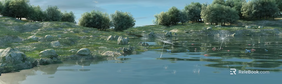 Natural Scenery Featuring Blue Sky Green Trees Rocks Grassland and Dandelion Seeds on Water 3d model 