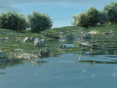 Natural Scenery Featuring Blue Sky Green Trees Rocks Grassland and Dandelion Seeds on Water 3d model