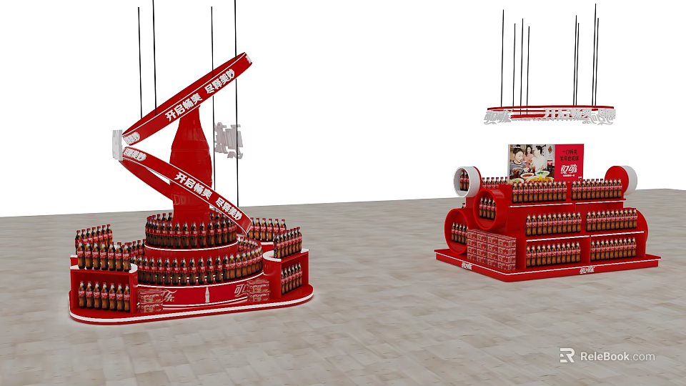 Red Beverage Display Shelves With Multiple Layers Holding Bottles In Store Promotion 3d model 