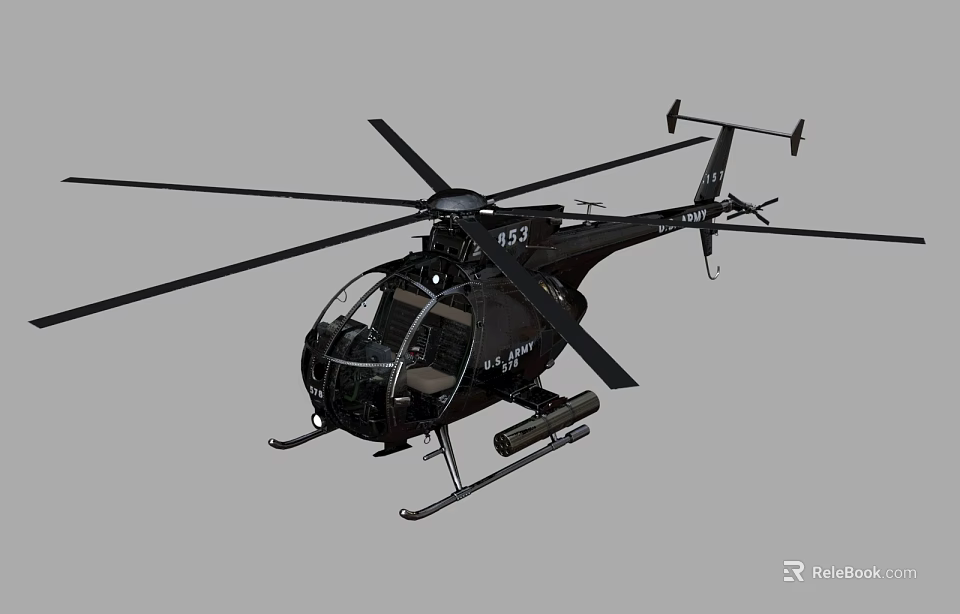 Black Military Helicopter With Transparent Cockpit And Rocket Launchers 3d model 