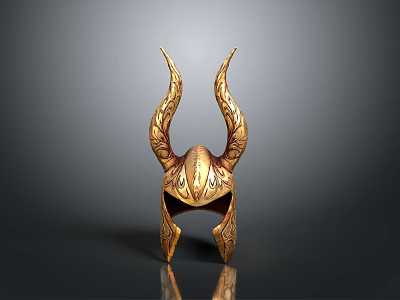Golden Ornamental Battle Helmet With Curved Horns Intricate Carvings And Reflective Surface On Gray Background 3d model