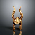 Golden Ornamental Battle Helmet With Curved Horns Intricate Carvings And Reflective Surface On Gray Background