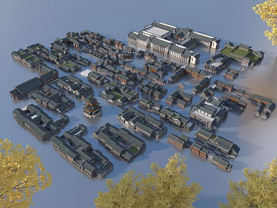 Aerial Planning of Urban Building Layout With Green Trees and Architectural Design 3d model