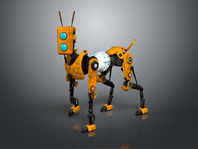 Smart Robot Dog With Yellow Body Four Mechanical Legs Blue Eyes And Transparent Core 3d model
