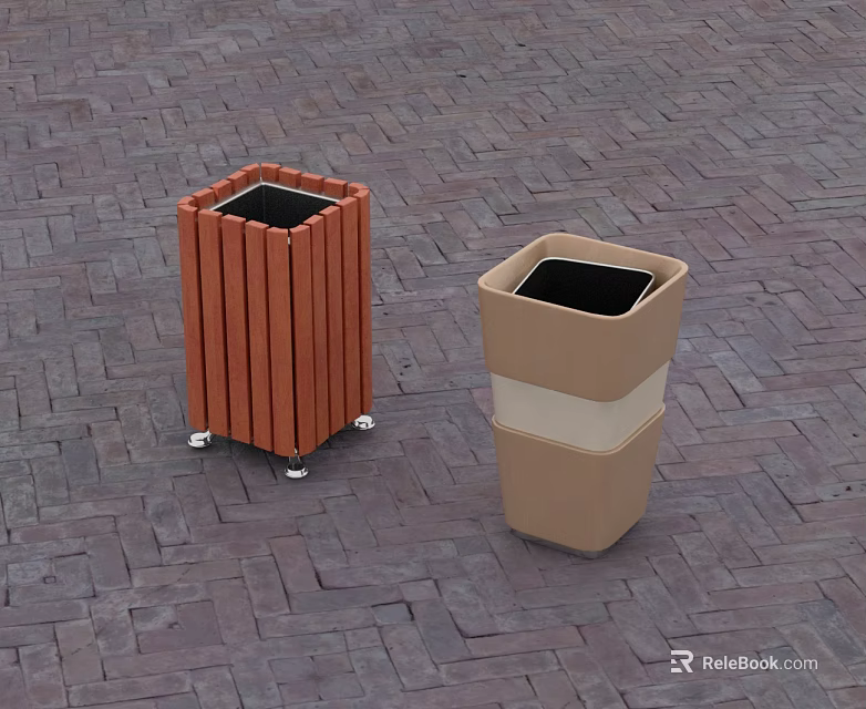 Swing Door Trash Bins Featuring Orange Wooden Slat And Beige Striped Design With Wheels 3d model 