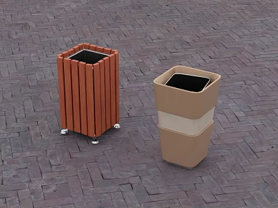 Swing Door Trash Bins Featuring Orange Wooden Slat And Beige Striped Design With Wheels 3d model