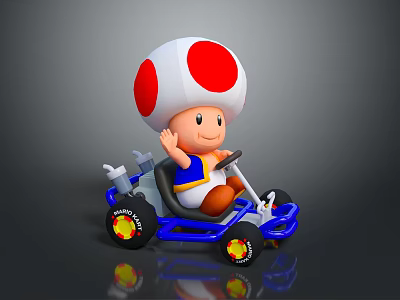 Cute Mushroom Head Doll Riding Blue Go Kart With Waving Hand And Red White Hat 3d model