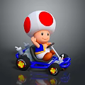 Cute Mushroom Head Doll Riding Blue Go Kart With Waving Hand And Red White Hat