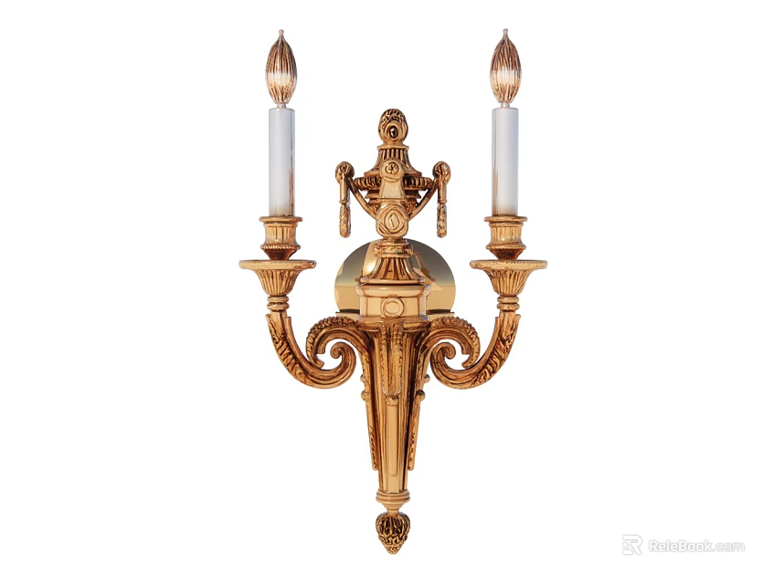 Elegant Golden Wall Sconce with Classical Carved Design Double Arm and Decorative Top 3d model 