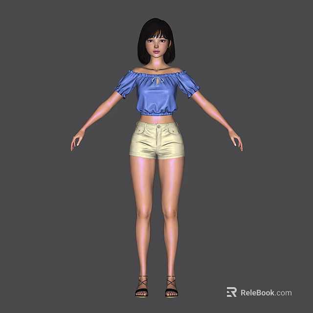 Woman In Blue Off Shoulder Top And Beige Shorts Standing On Gray Background 3d model 
