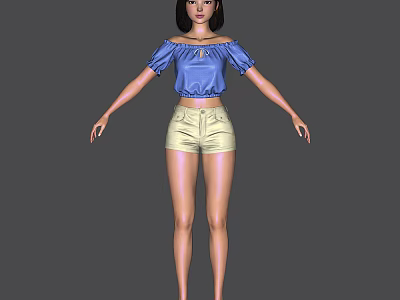 Woman In Blue Off Shoulder Top And Beige Shorts Standing On Gray Background 3d model