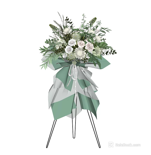 Beautiful White Lavender Flower Bouquet With Green Leaves Green Gray Striped Ribbon Black Stand 3d model 