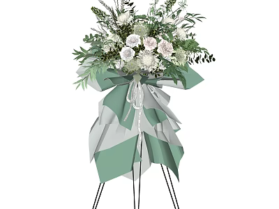 Beautiful White Lavender Flower Bouquet With Green Leaves Green Gray Striped Ribbon Black Stand 3d model