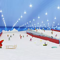Indoor Ski Resort With People Skiing On Snow Slopes And Bright Ceiling Lights