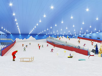 Indoor Ski Resort With People Skiing On Snow Slopes And Bright Ceiling Lights 3d model
