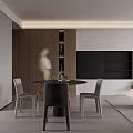 Modern Dining Living Room Interior With Black Round Table Glass Bottle And Dark Wood Cabinets