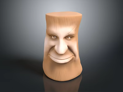 Smiling Animal Head Wooden Sculpture With Detailed Eyes And Textured Surface 3d model