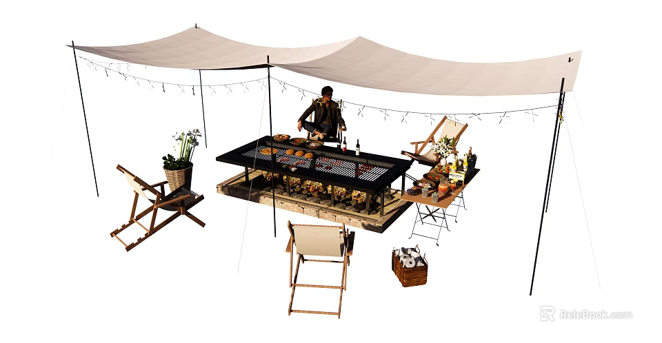 Outdoor Canopy Setup With Long Table Food Drinks Folding Chairs And String Lights 3d model 