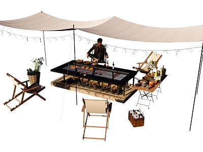 Outdoor Canopy Setup With Long Table Food Drinks Folding Chairs And String Lights 3d model