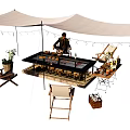 Outdoor Canopy Setup With Long Table Food Drinks Folding Chairs And String Lights 3d model