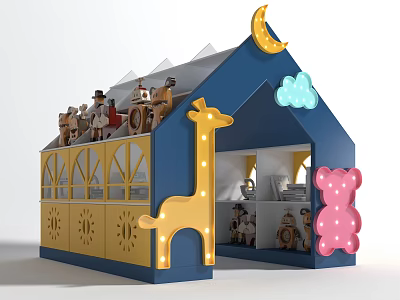 Blue House Shaped Kids Storage Cabinet With Moon Cloud Giraffe Teddy Bear And Toys 3d model