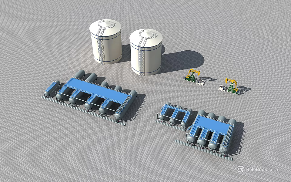 Industrial Equipment Setup Featuring White Storage Tanks Blue Piping Systems And Small Mechanical Units 3d model 
