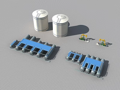 Industrial Equipment Setup Featuring White Storage Tanks Blue Piping Systems And Small Mechanical Units 3d model